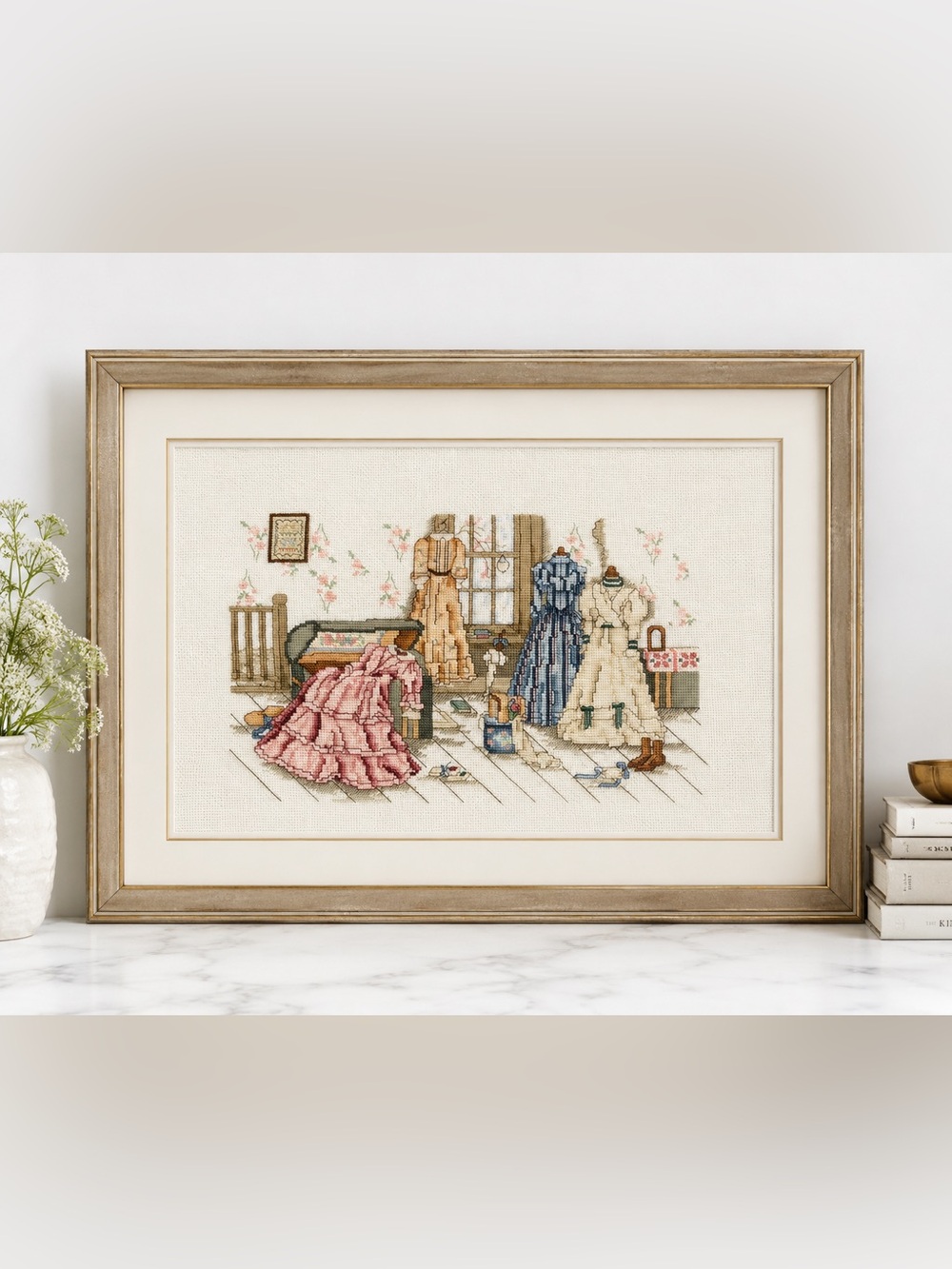 Hand crafted needlepoint cross-stitch artwork titled "In The Garret"